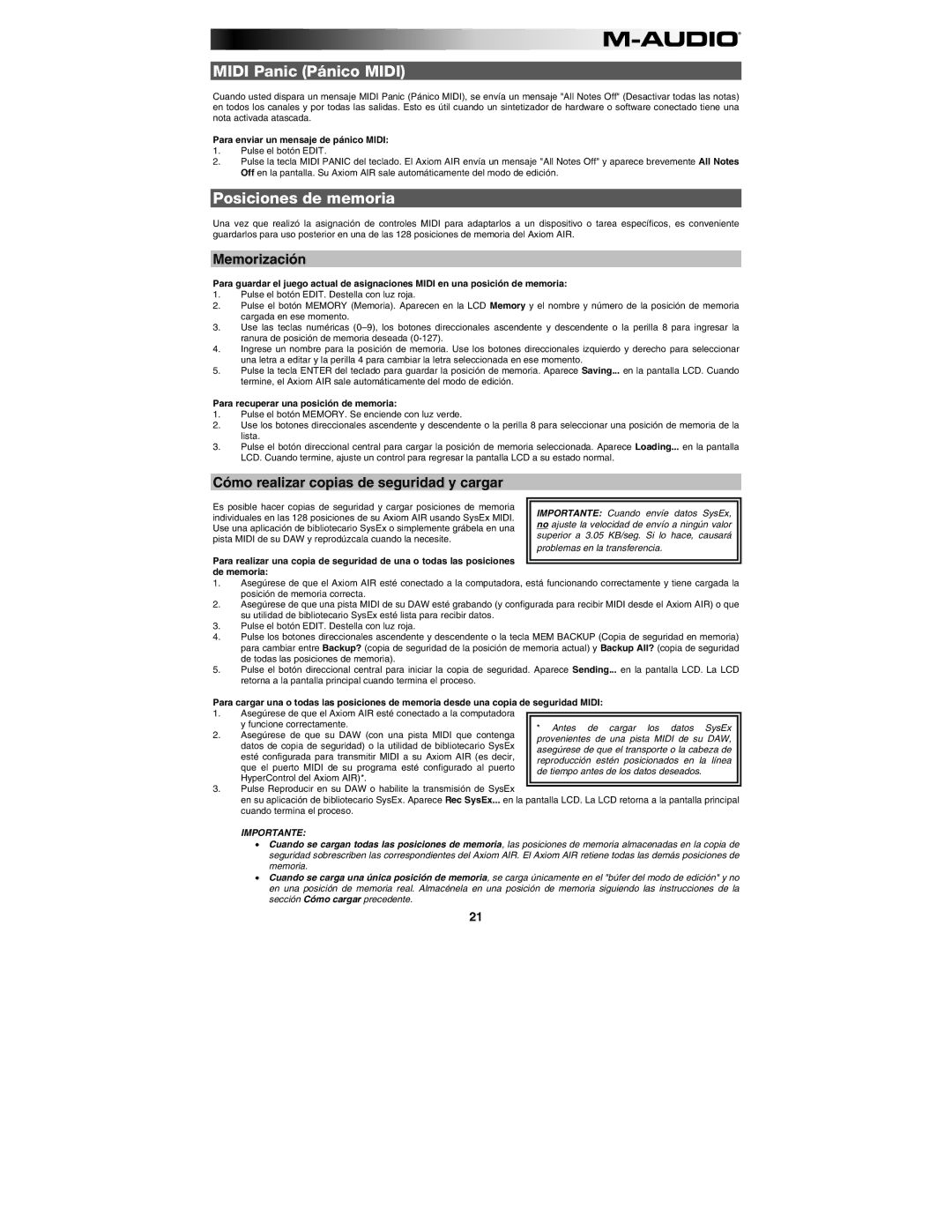 M-Audio AIR 25 Midi Panic Pánico Midi, Posiciones de memoria, Memorización, Cómo realizar copias de seguridad y cargar 