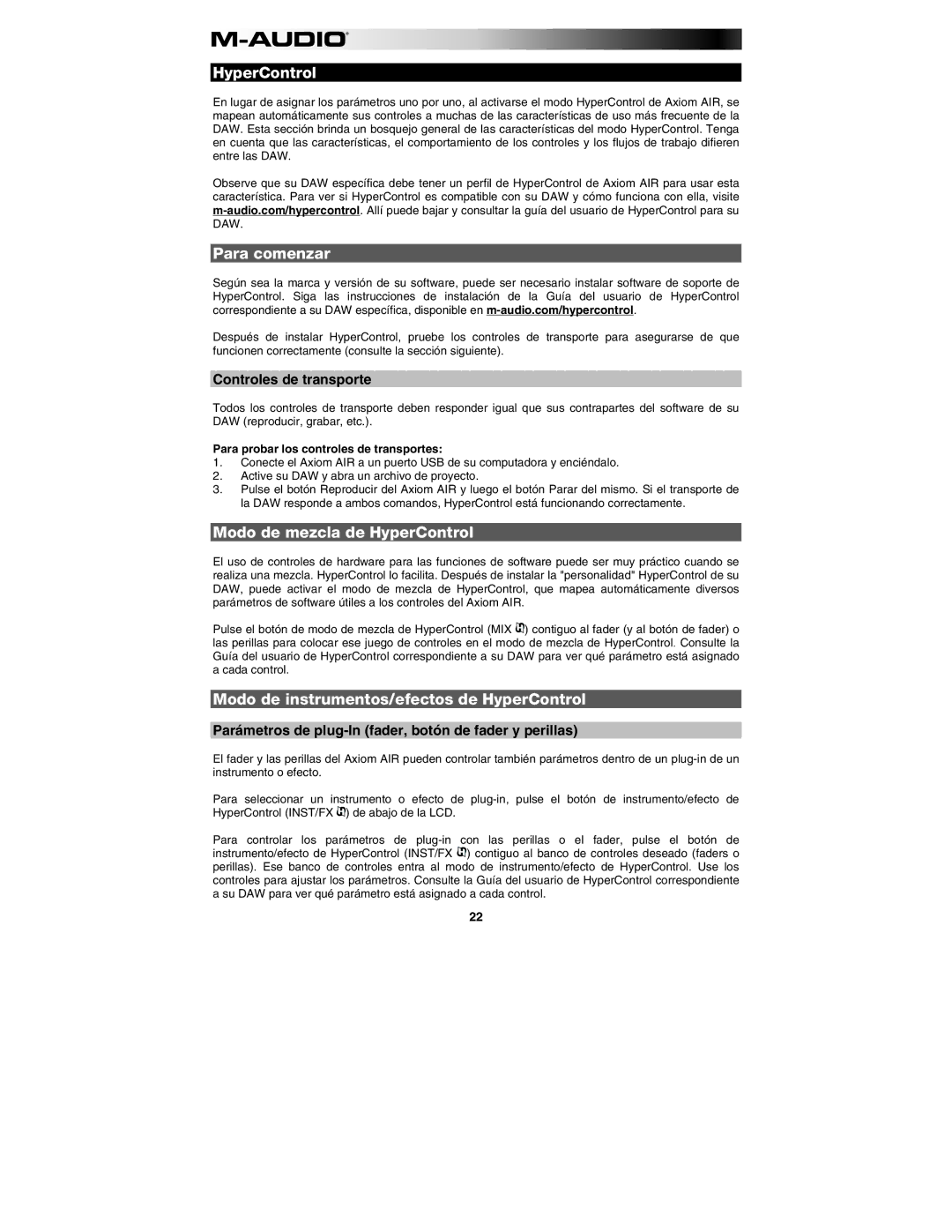 M-Audio AIR 25 user manual Para comenzar, Modo de mezcla de HyperControl, Modo de instrumentos/efectos de HyperControl 