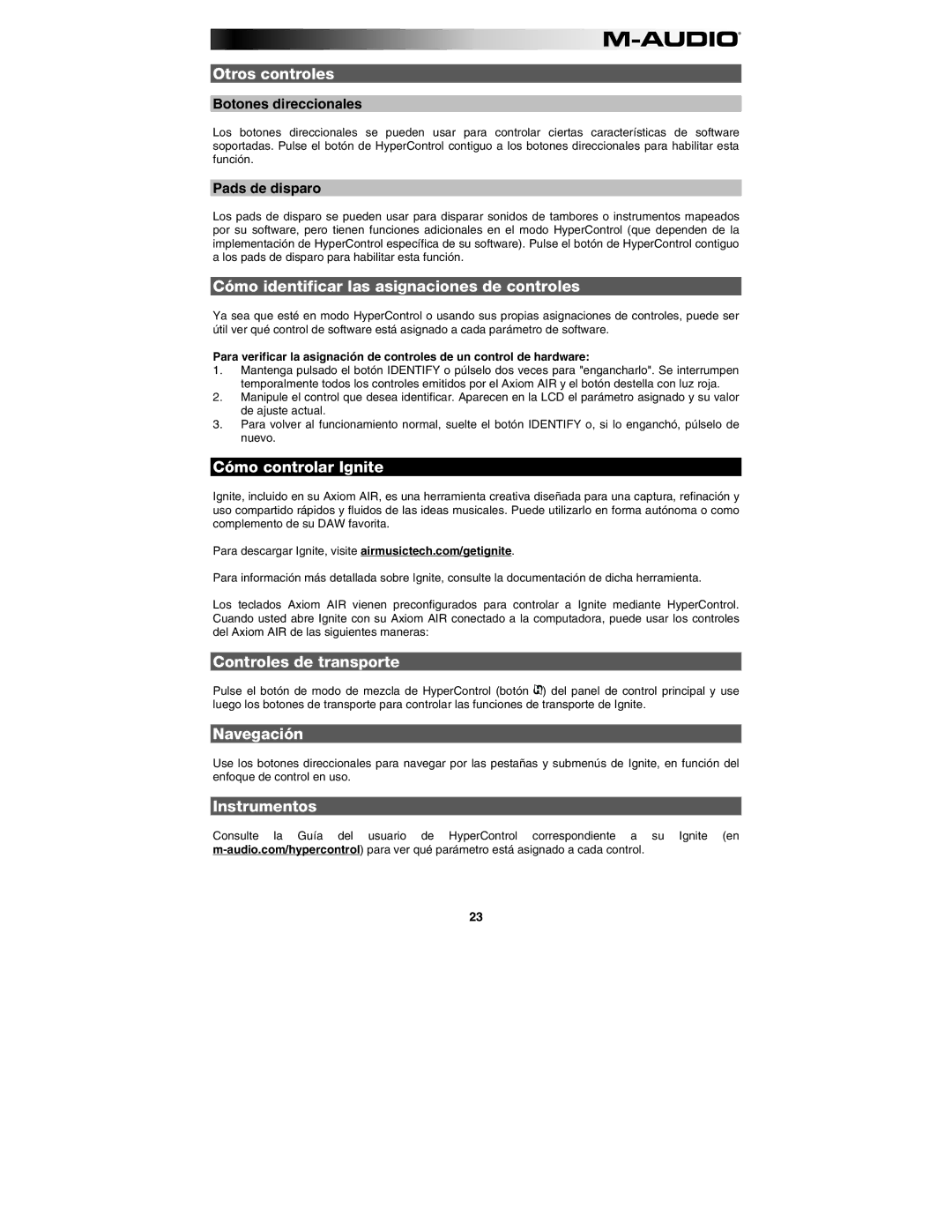 M-Audio AIR 25 Otros controles, Cómo identificar las asignaciones de controles, Cómo controlar Ignite, Navegación 