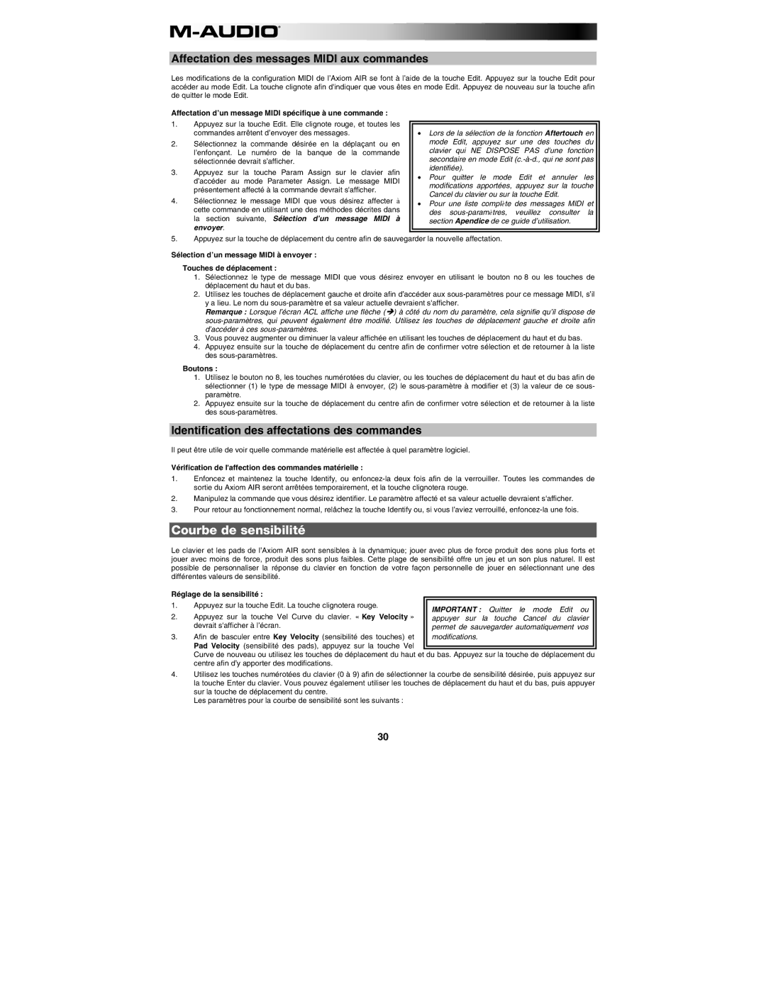 M-Audio AIR 25 user manual Courbe de sensibilité, Affectation des messages Midi aux commandes 