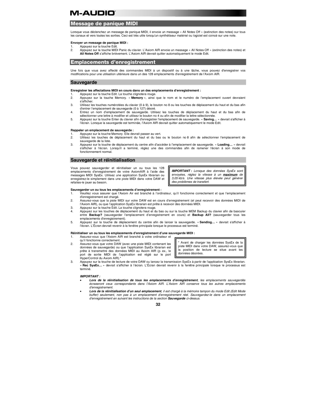 M-Audio AIR 25 user manual Message de panique Midi, Emplacements d’enregistrement, Sauvegarde et réinitialisation 