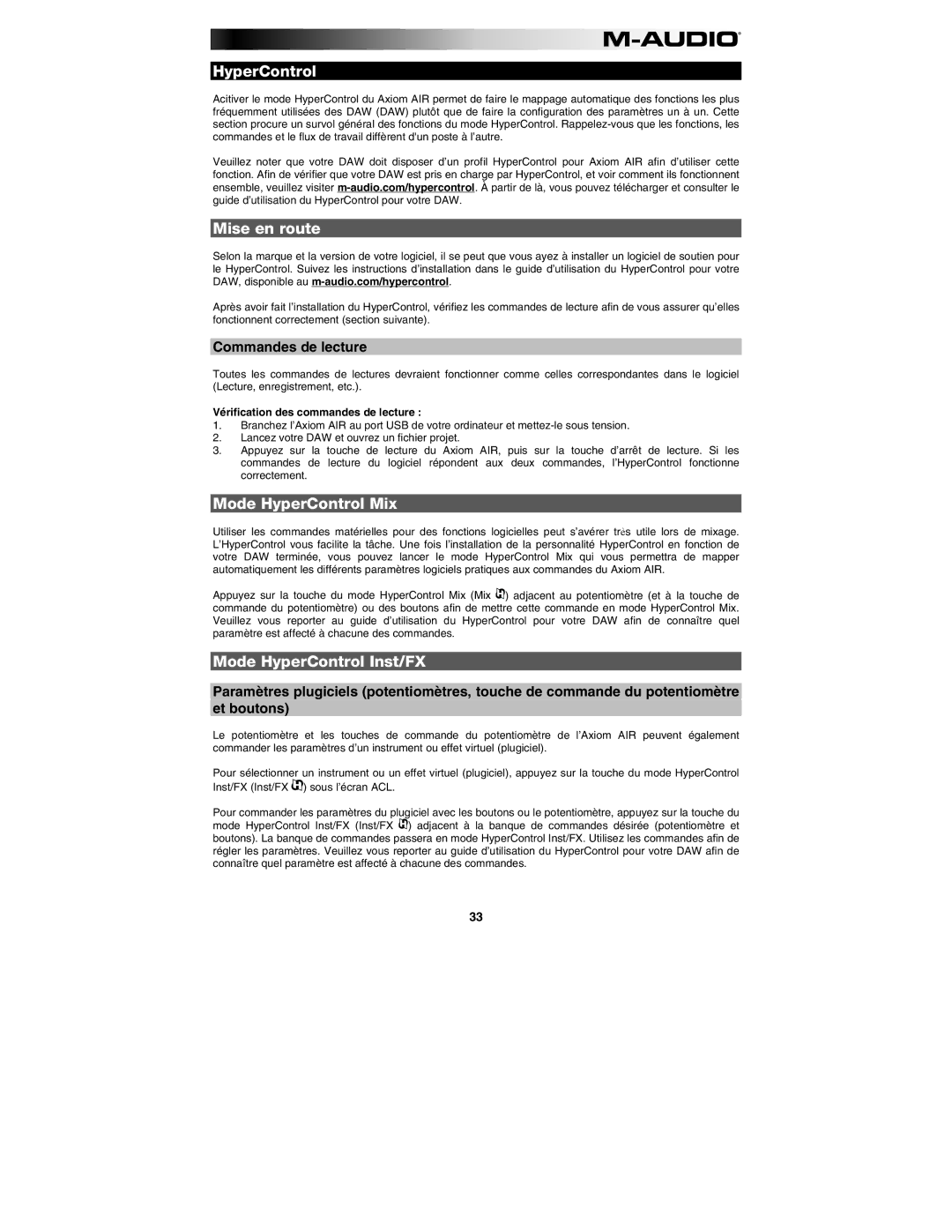 M-Audio AIR 25 user manual Mise en route, Mode HyperControl Mix, Mode HyperControl Inst/FX, Commandes de lecture 