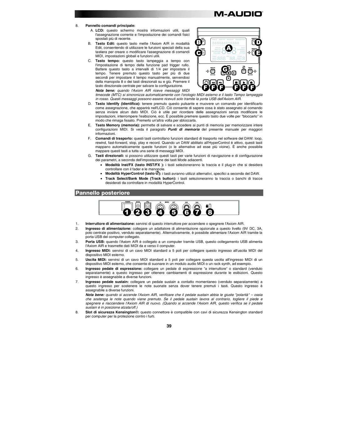 M-Audio AIR 25 user manual Pannello posteriore, Pannello comandi principale 