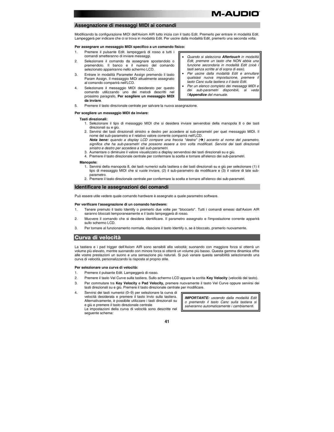 M-Audio AIR 25 Curva di velocità, Assegnazione di messaggi Midi ai comandi, Identificare le assegnazioni dei comandi 