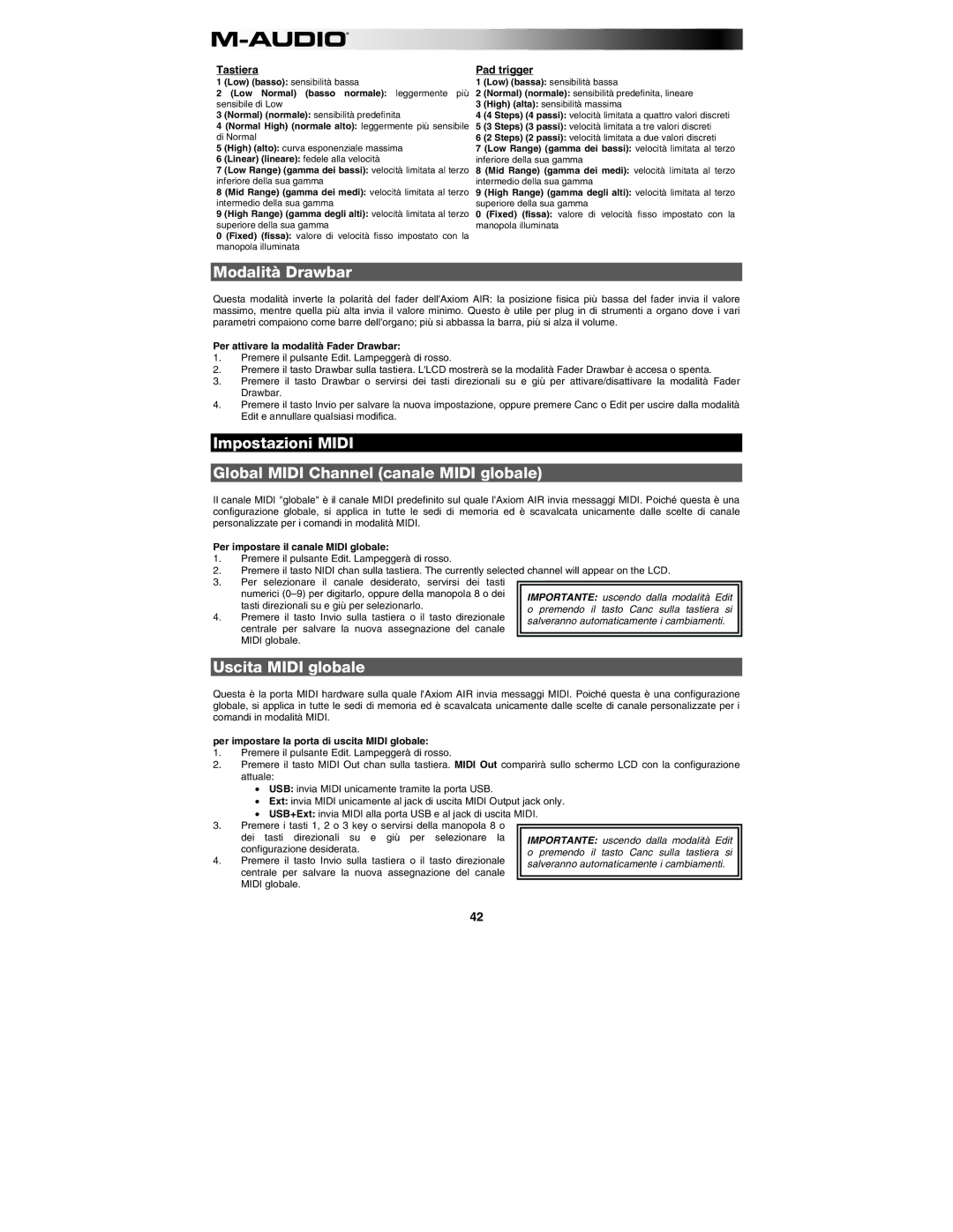 M-Audio AIR 25 user manual Modalità Drawbar, Impostazioni Midi Global Midi Channel canale Midi globale, Uscita Midi globale 