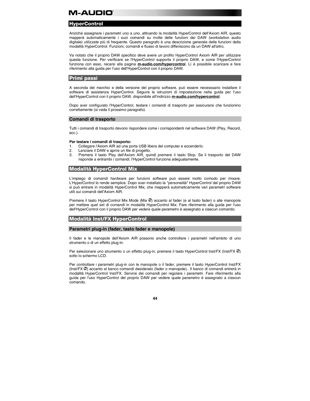 M-Audio AIR 25 user manual Primi passi, Modalità HyperControl Mix, Modalità Inst/FX HyperControl, Comandi di trasporto 