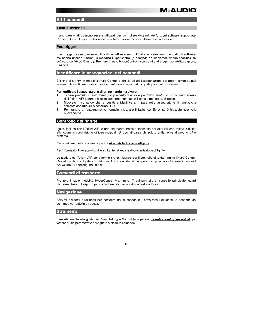 M-Audio AIR 25 Altri comandi, Identificare le assegnazioni dei comandi, Controllo dellIgnite, Comandi di trasporto 