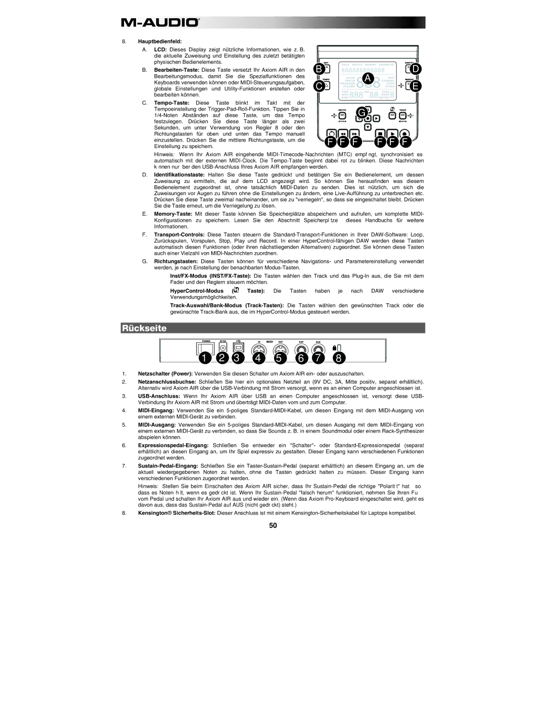 M-Audio AIR 25 user manual Rückseite, Hauptbedienfeld 