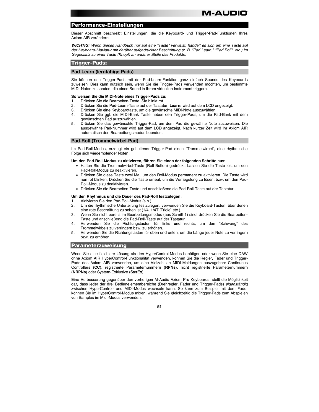 M-Audio AIR 25 user manual Performance-Einstellungen, Trigger-Pads, Parameterzuweisung, Pad-Learn lernfähige Pads 