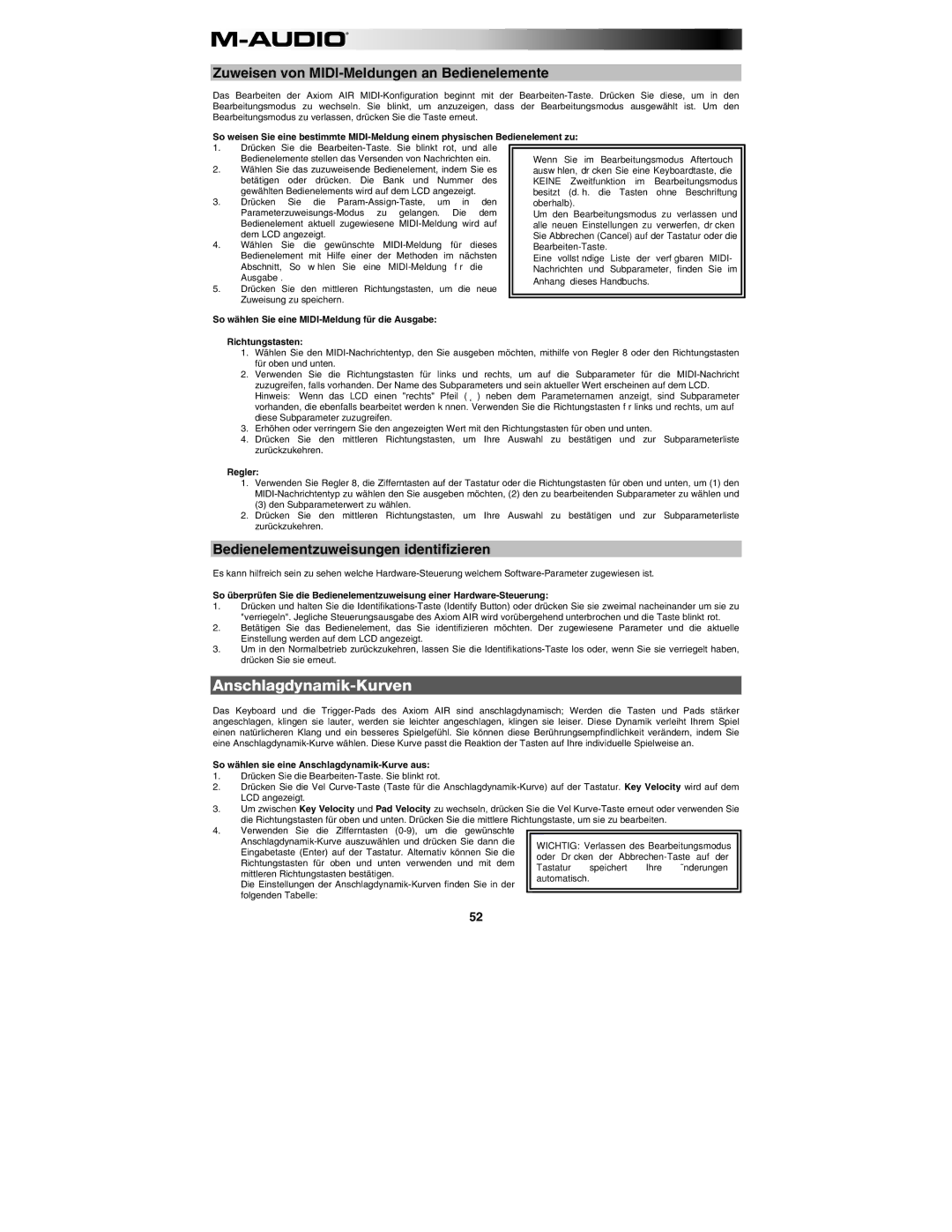 M-Audio AIR 25 user manual Anschlagdynamik-Kurven, Zuweisen von MIDI-Meldungen an Bedienelemente, Regler 