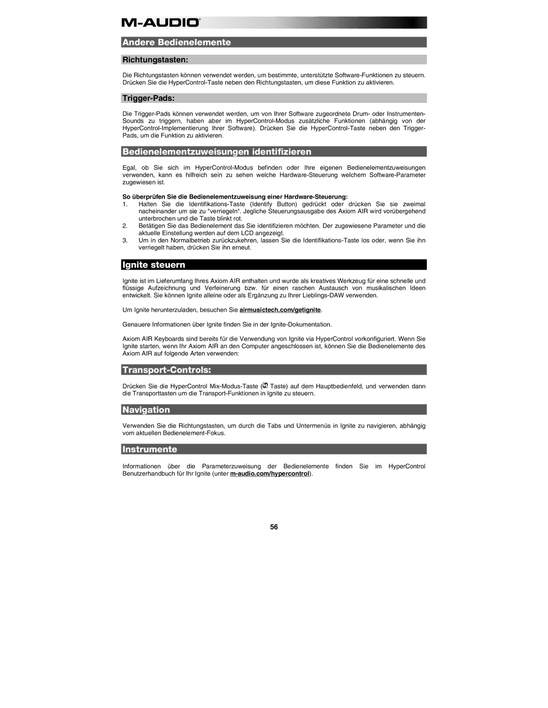 M-Audio AIR 25 Andere Bedienelemente, Bedienelementzuweisungen identifizieren, Ignite steuern, Transport-Controls 