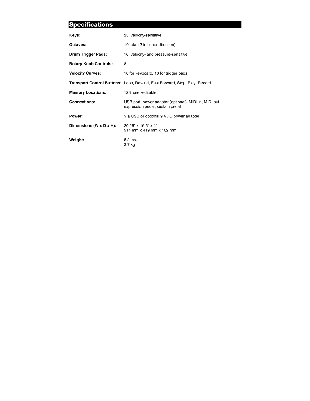 M-Audio AIR 25 user manual Specifications, Transport Control Buttons 