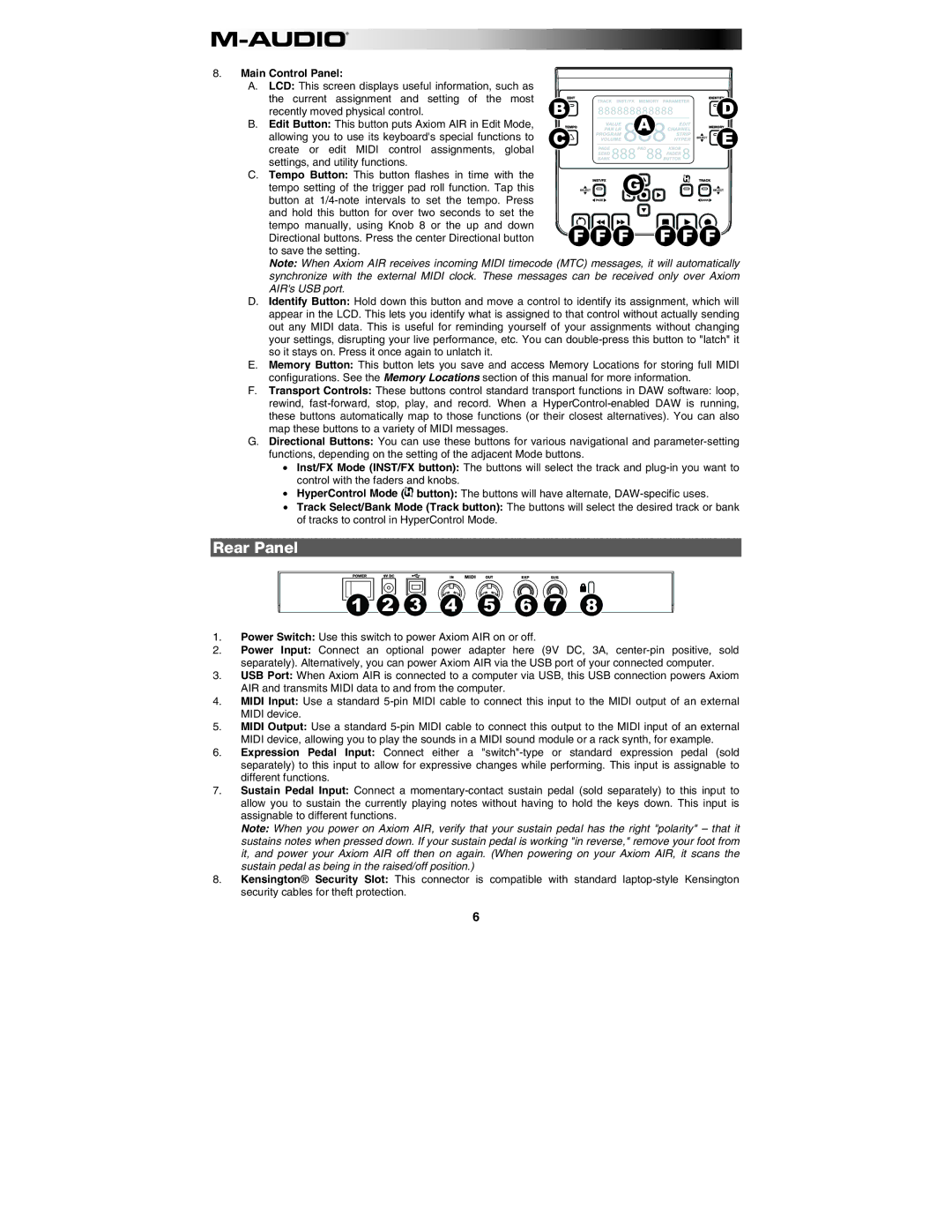 M-Audio AIR 25 user manual Rear Panel, Main Control Panel 