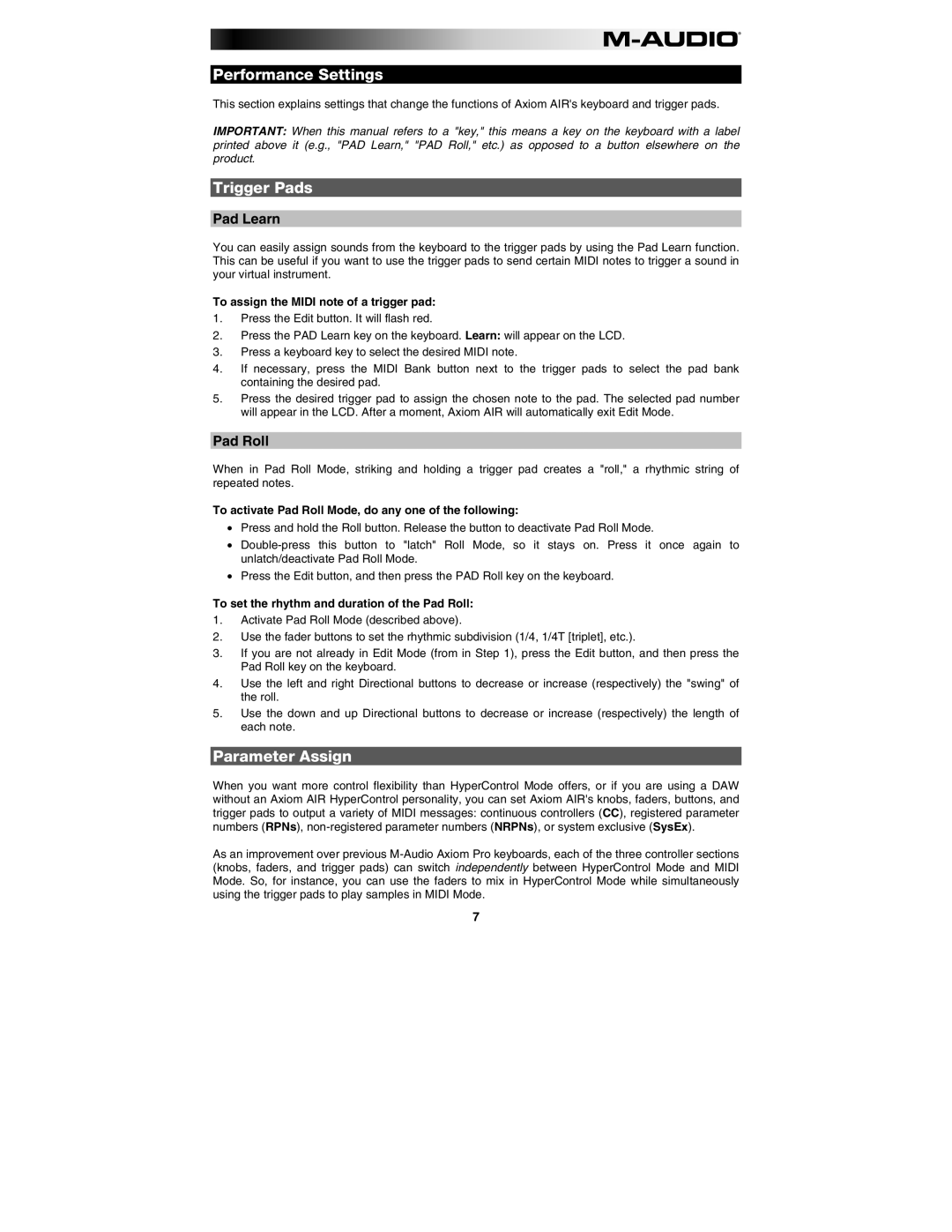 M-Audio AIR 25 user manual Performance Settings, Trigger Pads, Parameter Assign, Pad Learn, Pad Roll 