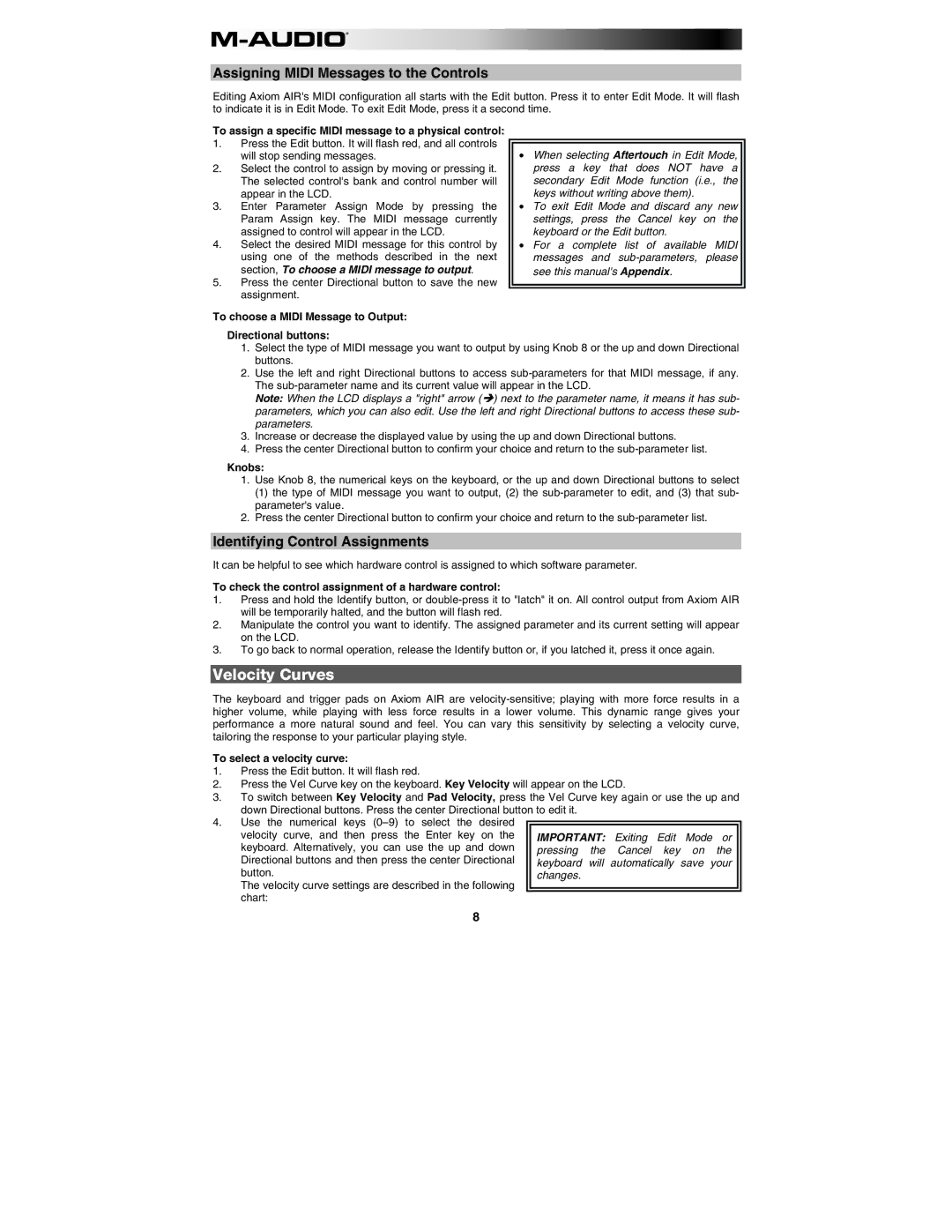 M-Audio AIR 25 user manual Velocity Curves, Assigning Midi Messages to the Controls, Identifying Control Assignments 