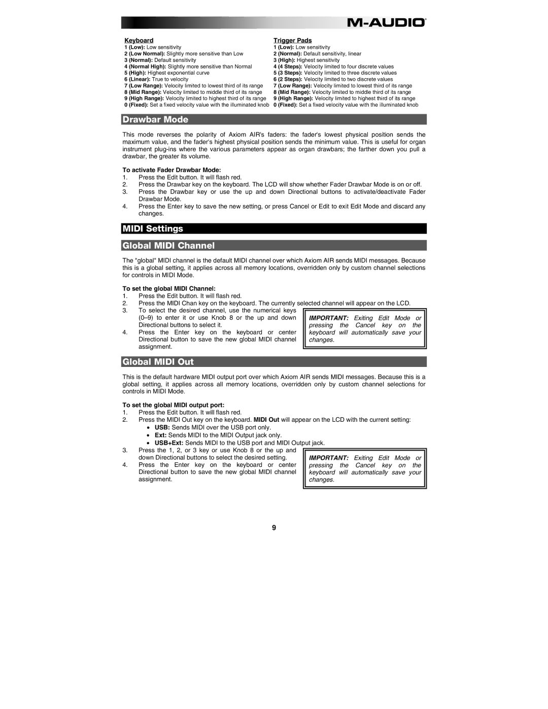 M-Audio AIR 25 user manual Drawbar Mode, Midi Settings Global Midi Channel, Global Midi Out 