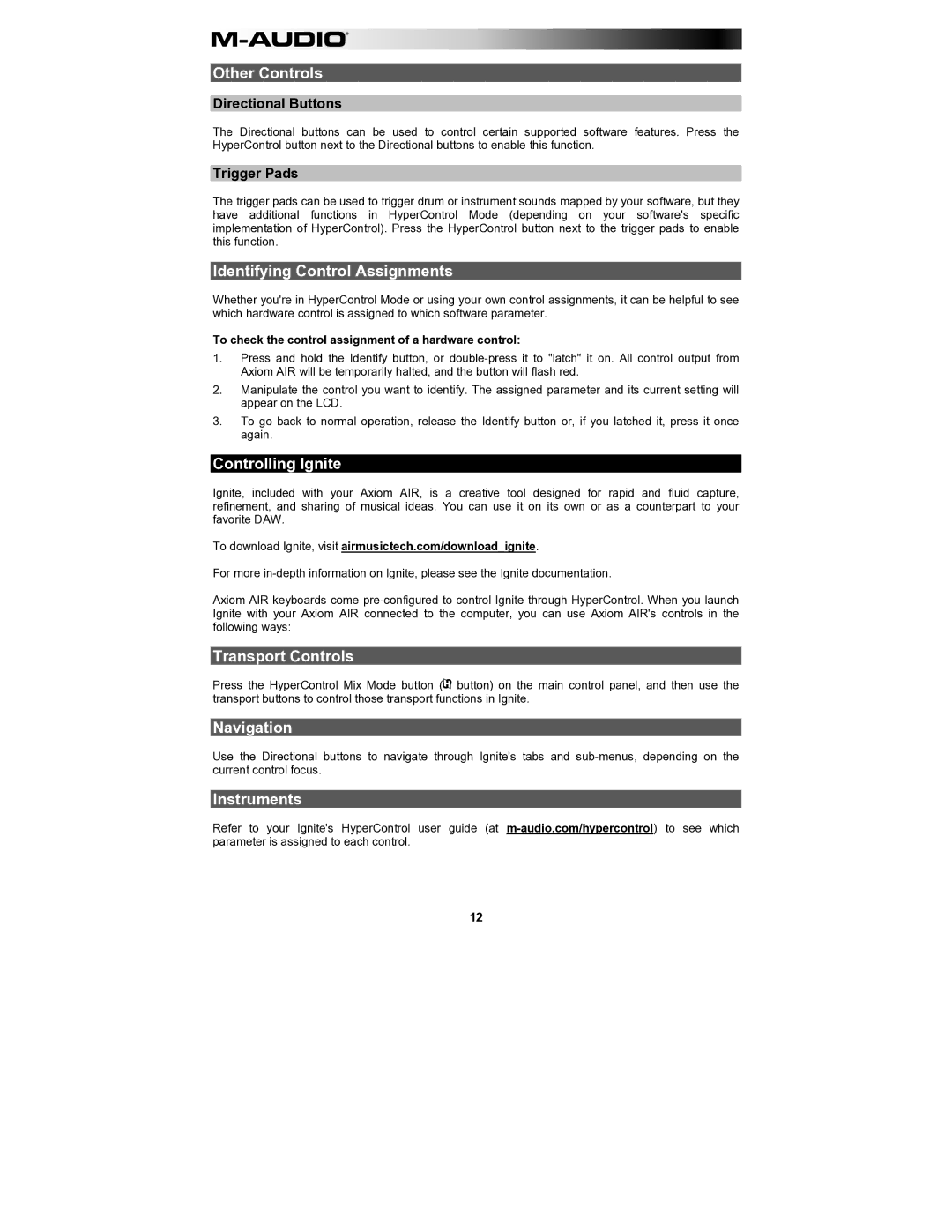 M-Audio AIR61 Other Controls, Identifying Control Assignments, Controlling Ignite, Transport Controls, Navigation 