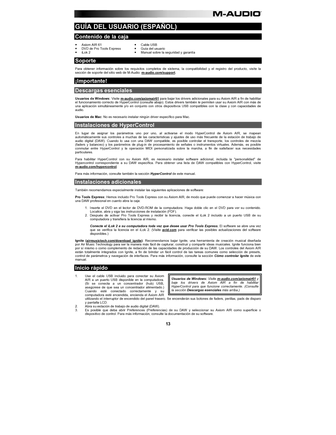 M-Audio AIR61 Contenido de la caja, Soporte ¡Importante Descargas esenciales, Instalaciones de HyperControl, Inicio rápido 