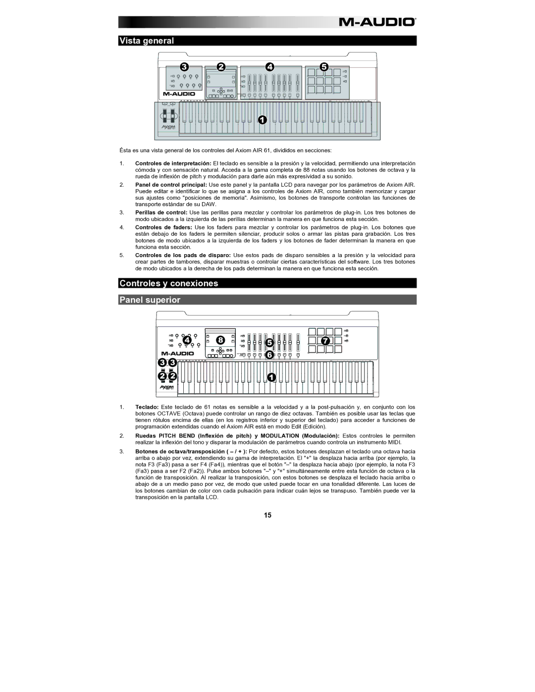 M-Audio AIR61 user manual Vista general, Controles y conexiones Panel superior 