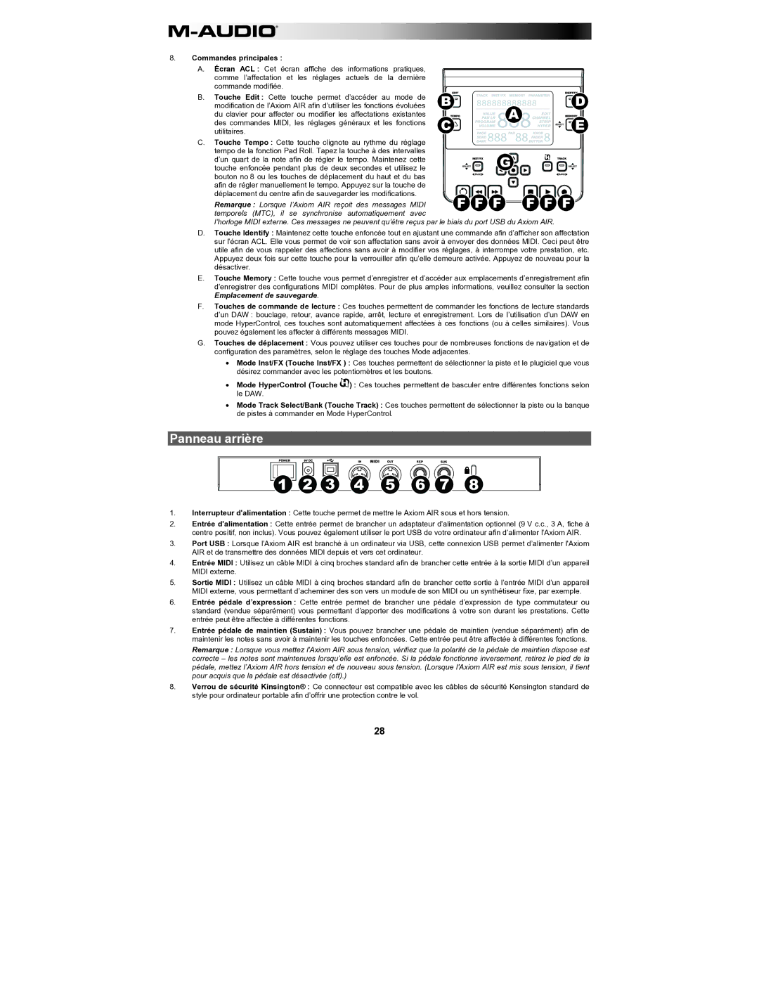 M-Audio AIR61 user manual Panneau arrière, Commandes principales 