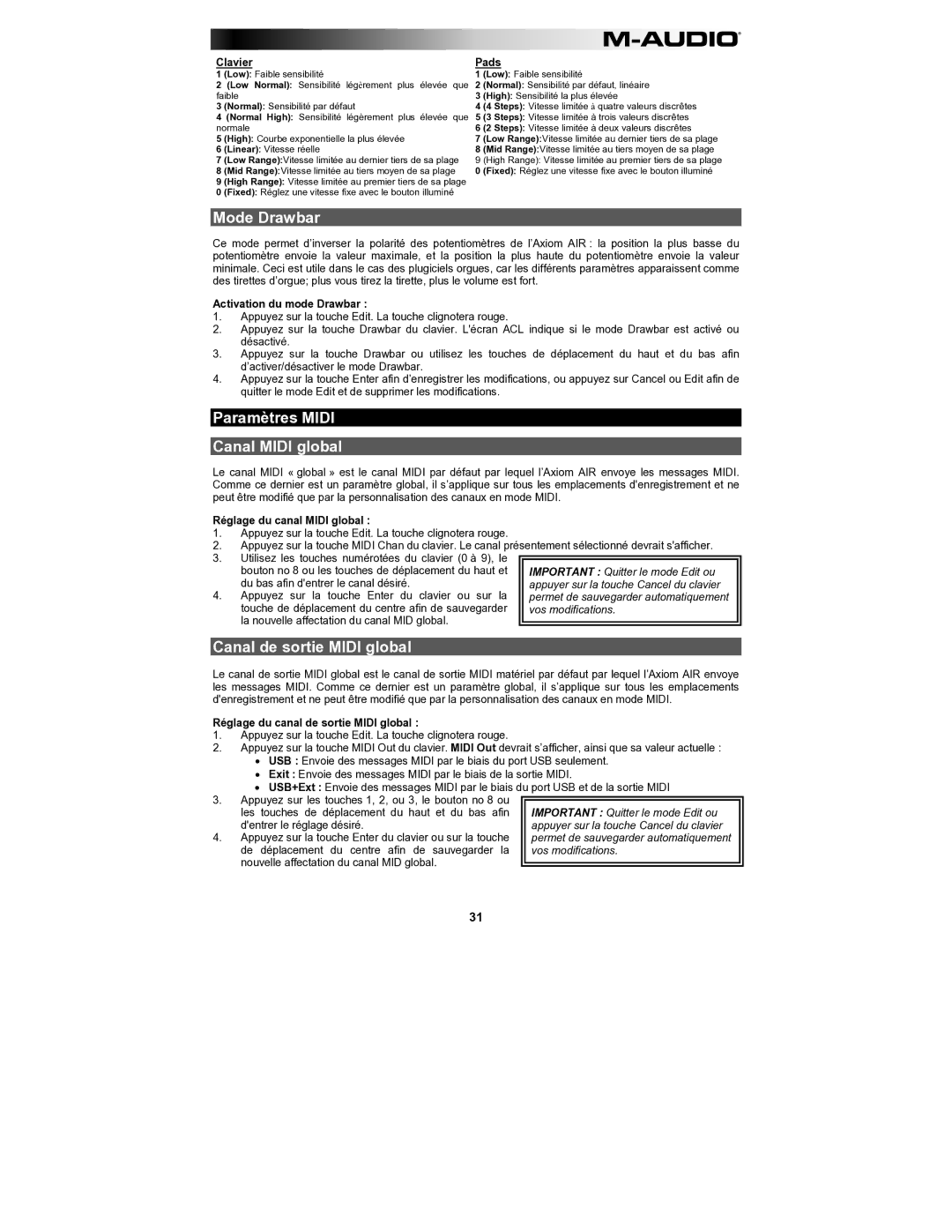M-Audio AIR61 user manual Mode Drawbar, Paramètres Midi Canal Midi global, Canal de sortie Midi global 