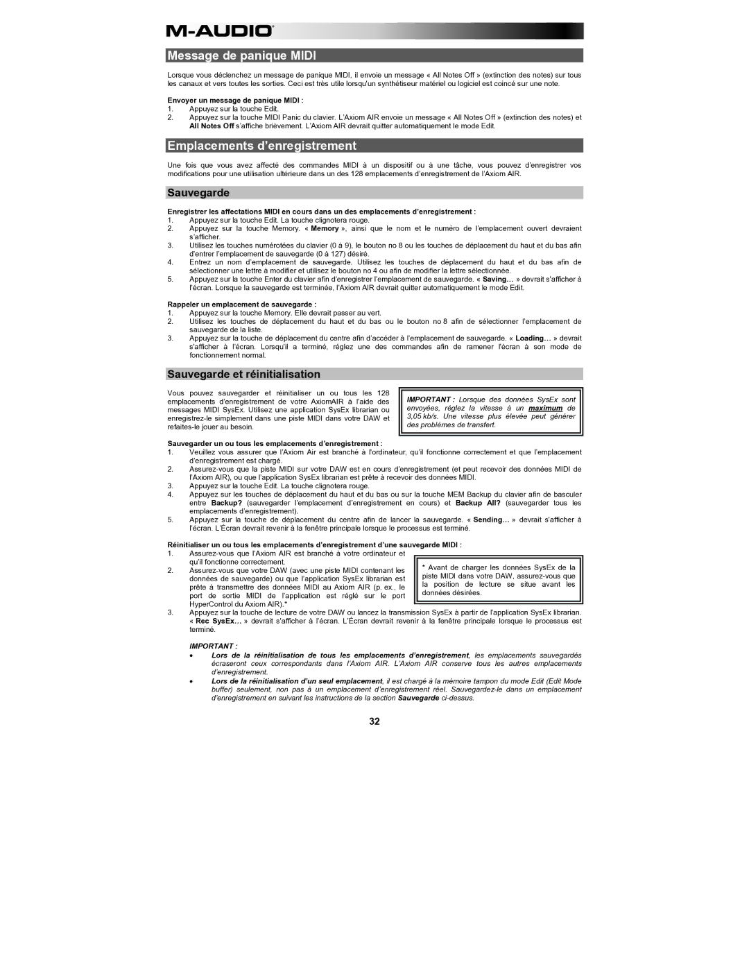 M-Audio AIR61 user manual Message de panique Midi, Emplacements d’enregistrement, Sauvegarde et réinitialisation 