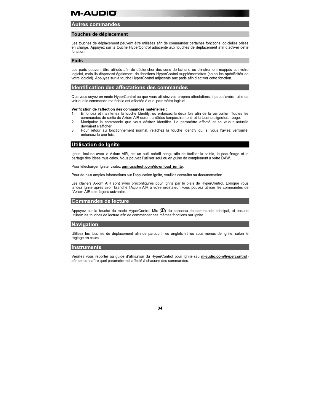 M-Audio AIR61 Autres commandes, Identification des affectations des commandes, Utilisation de Ignite, Commandes de lecture 