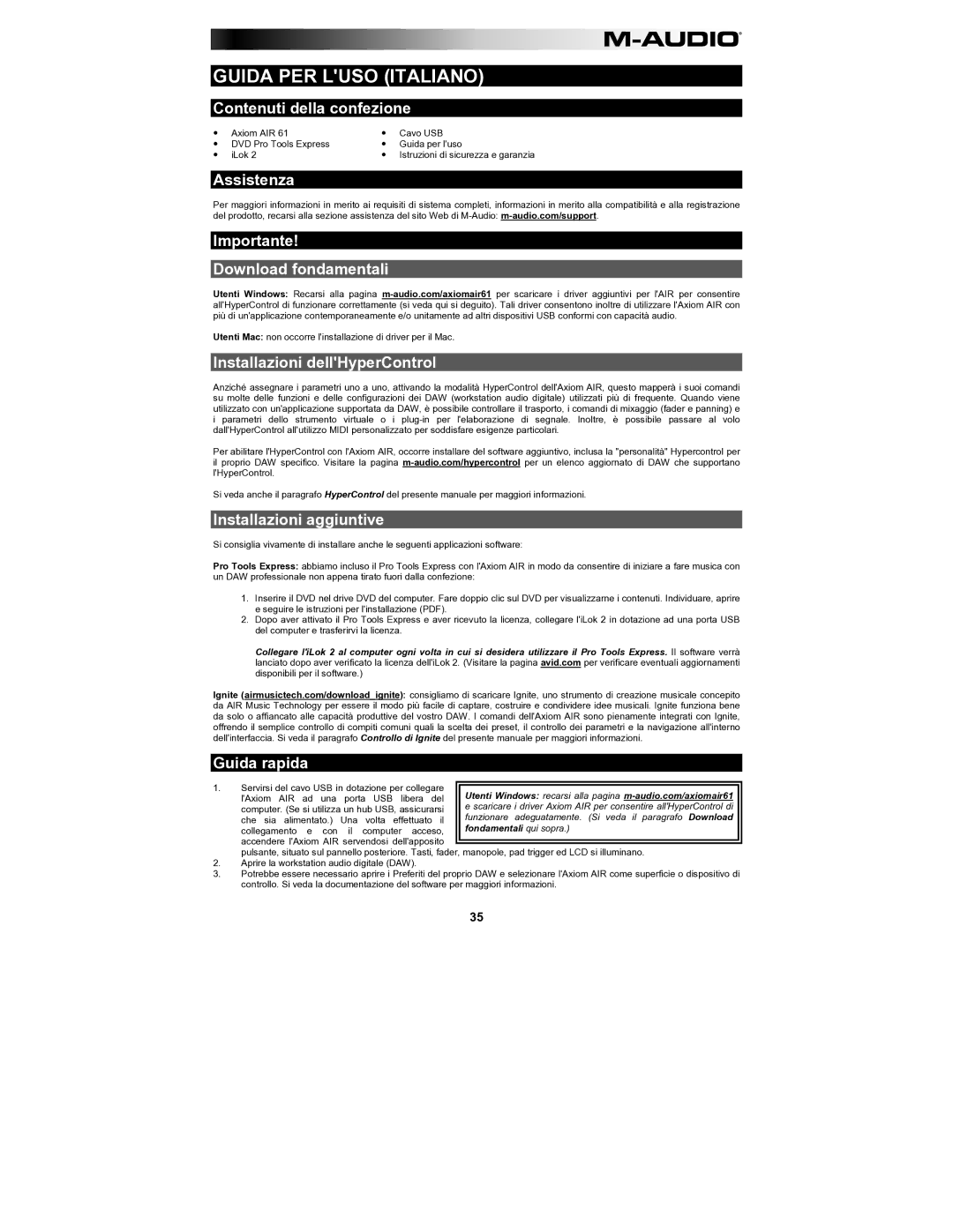 M-Audio AIR61 Contenuti della confezione, Assistenza Importante Download fondamentali, Installazioni dellHyperControl 