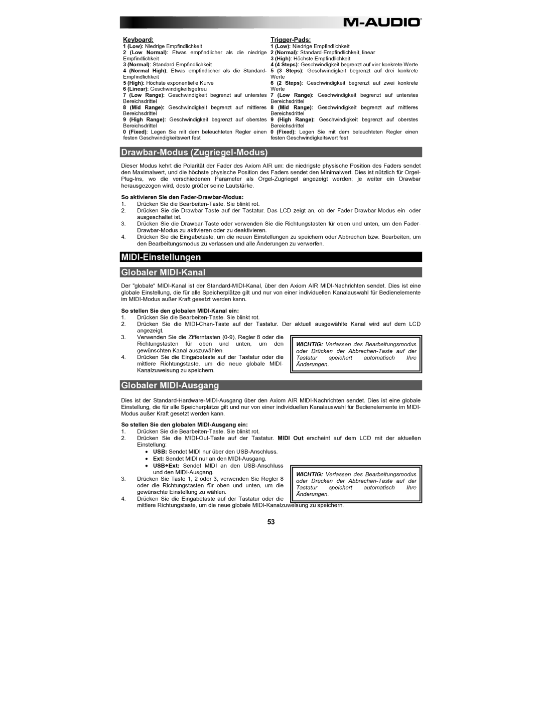 M-Audio AIR61 user manual Drawbar-Modus Zugriegel-Modus, MIDI-Einstellungen Globaler MIDI-Kanal, Globaler MIDI-Ausgang 