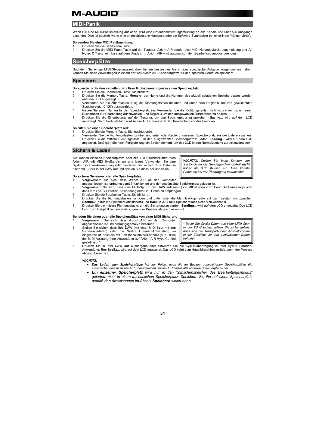 M-Audio AIR61 user manual MIDI-Panik, Speicherplätze, Speichern, Sichern & Laden 