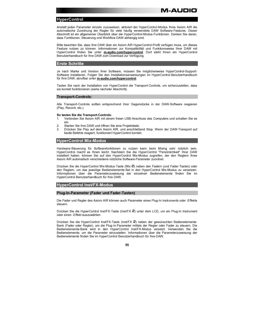 M-Audio AIR61 user manual Erste Schritte, HyperControl Mix-Modus, HyperControl Inst/FX-Modus, Transport-Controls 