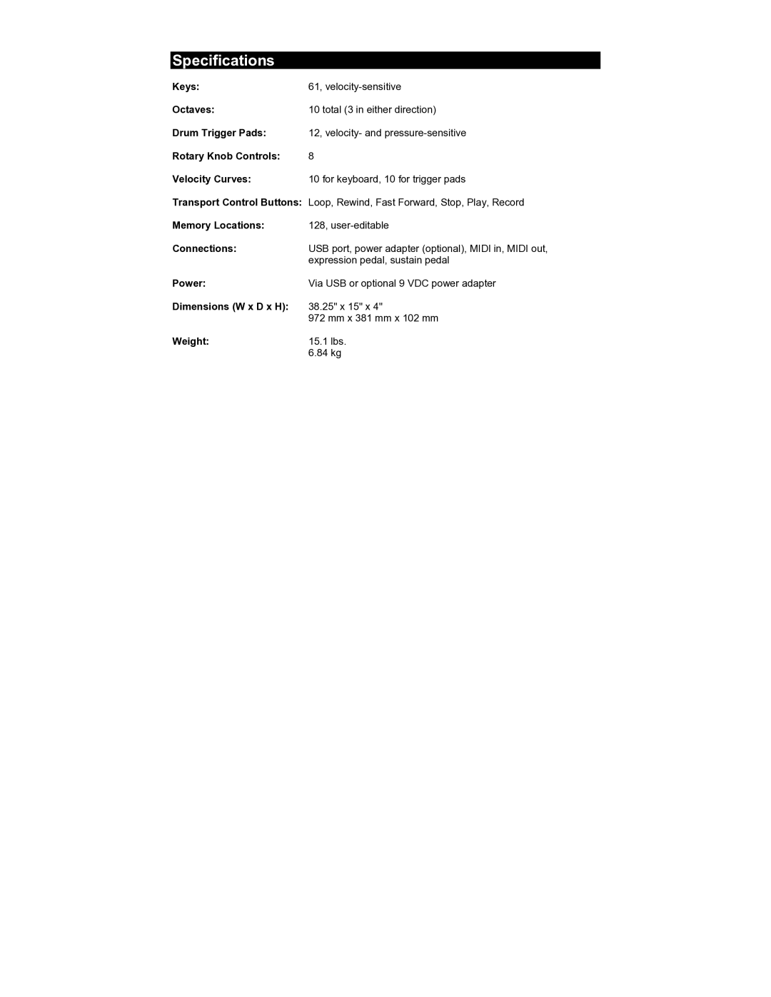 M-Audio AIR61 user manual Specifications, Transport Control Buttons 