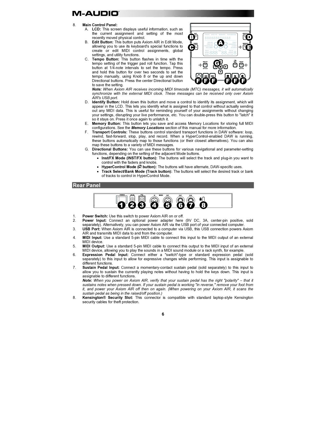 M-Audio AIR61 user manual Rear Panel, Main Control Panel 