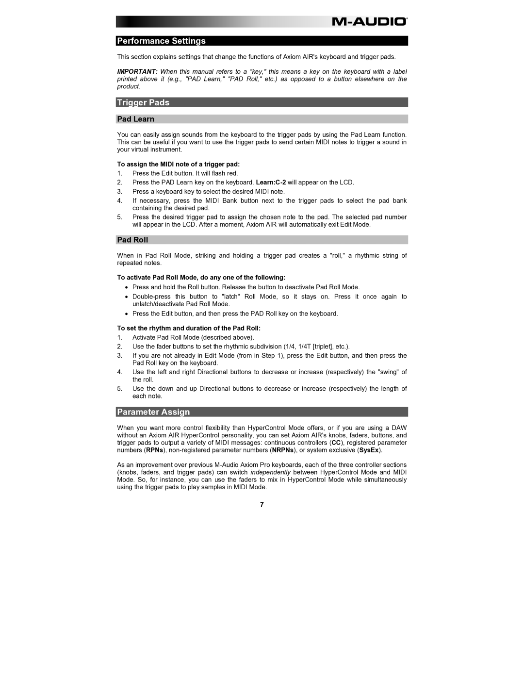 M-Audio AIR61 user manual Performance Settings, Trigger Pads, Parameter Assign, Pad Learn, Pad Roll 