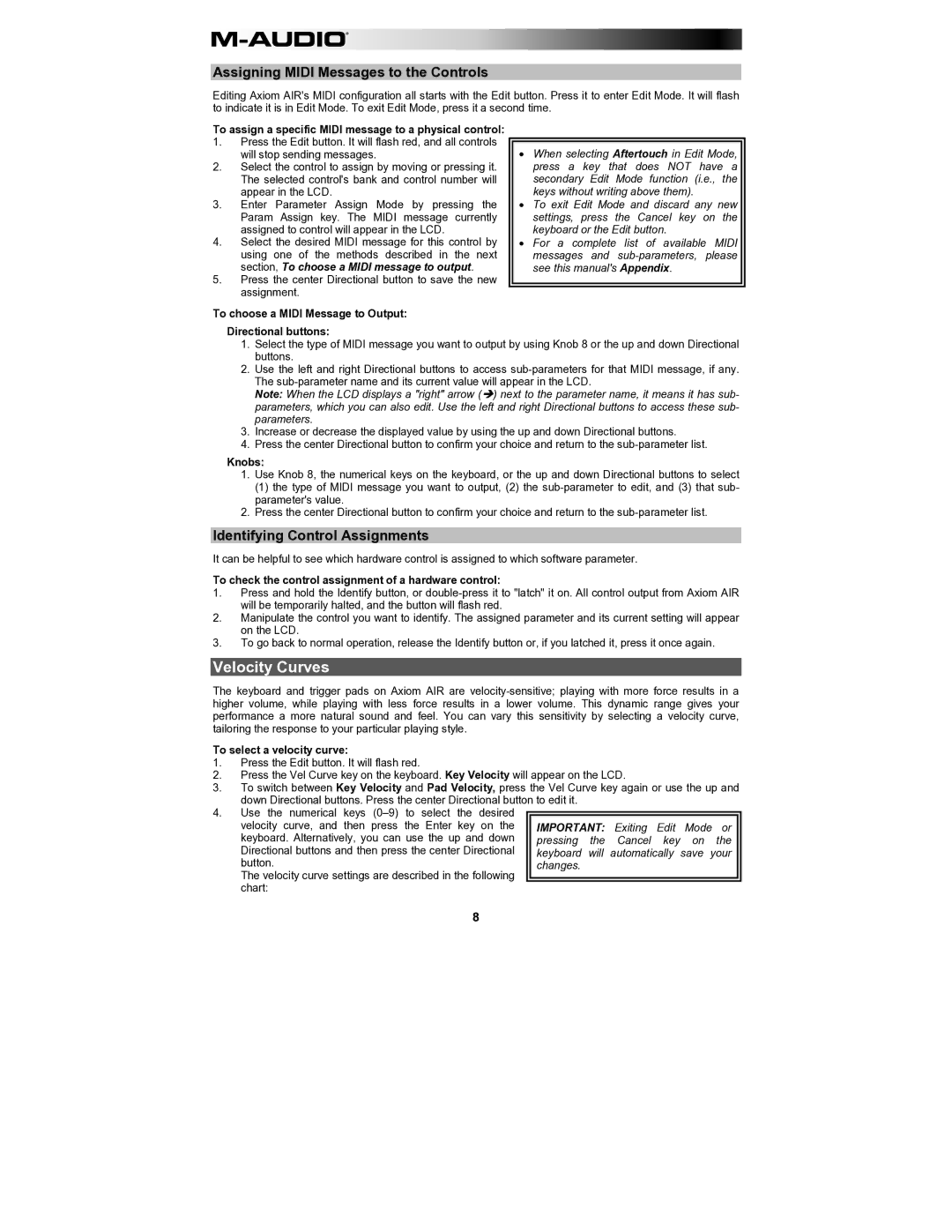 M-Audio AIR61 user manual Velocity Curves, Assigning Midi Messages to the Controls, Identifying Control Assignments 