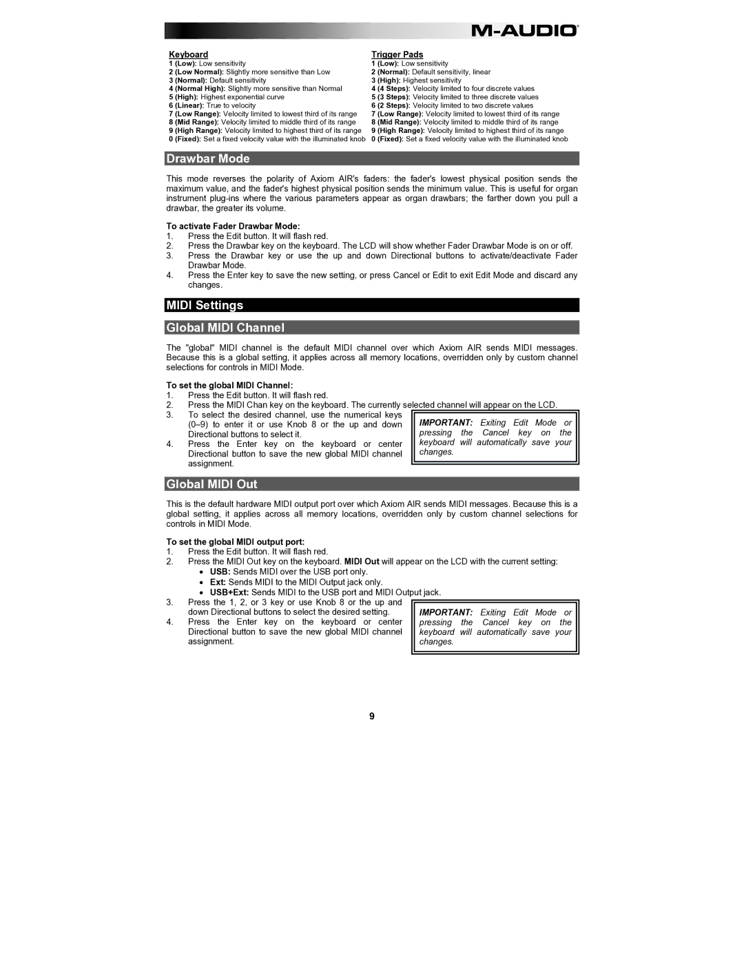 M-Audio AIR61 user manual Drawbar Mode, Midi Settings Global Midi Channel, Global Midi Out 