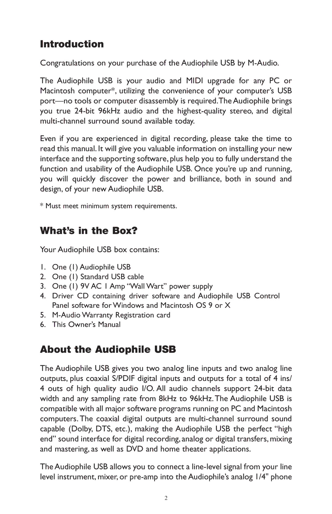 M-Audio AP-012403 owner manual Introduction, What’s in the Box?, About the Audiophile USB 