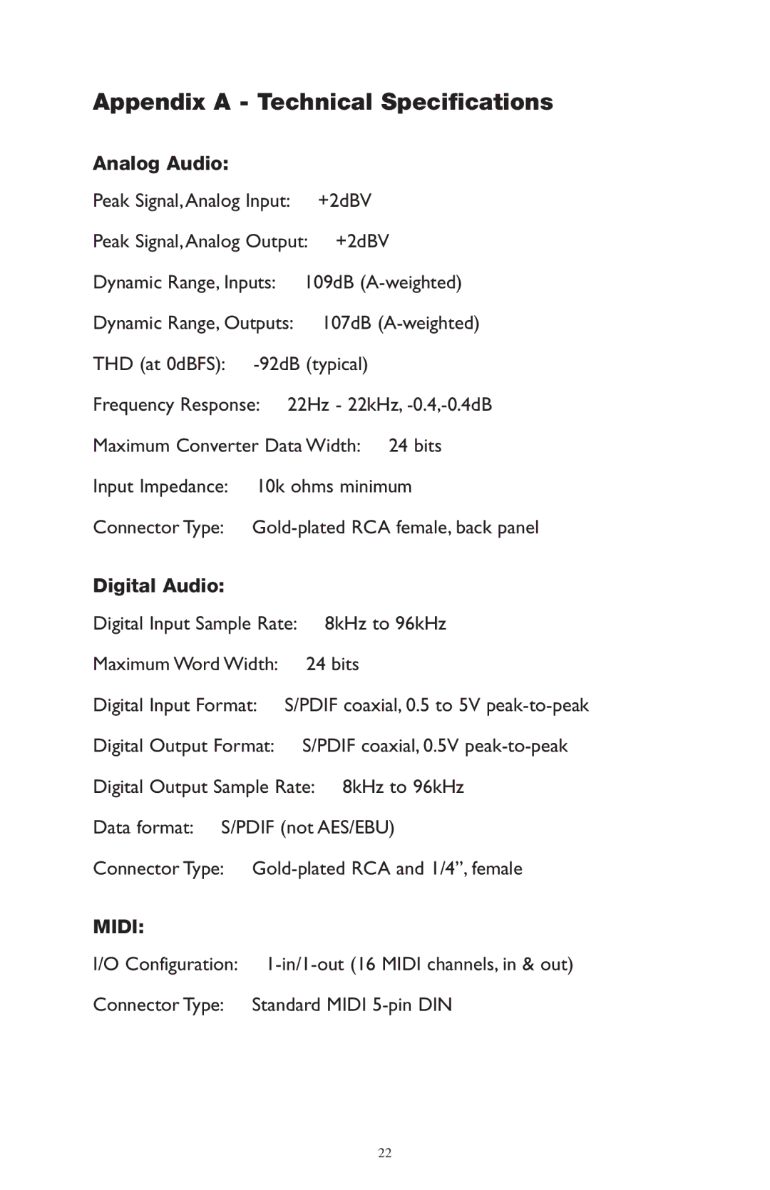 M-Audio AP-012403 owner manual Appendix a Technical Specifications, Analog Audio, Digital Audio 