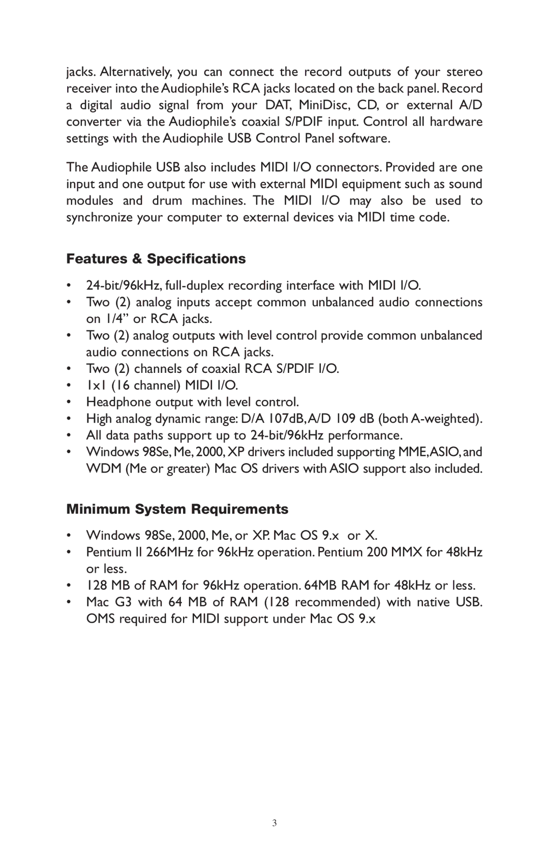 M-Audio AP-012403 owner manual Features & Specifications, Minimum System Requirements 