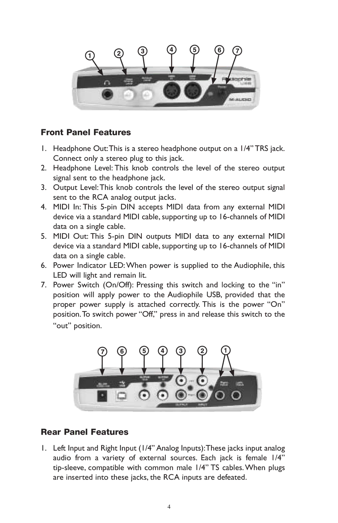 M-Audio AP-012403 owner manual Front Panel Features, Rear Panel Features 