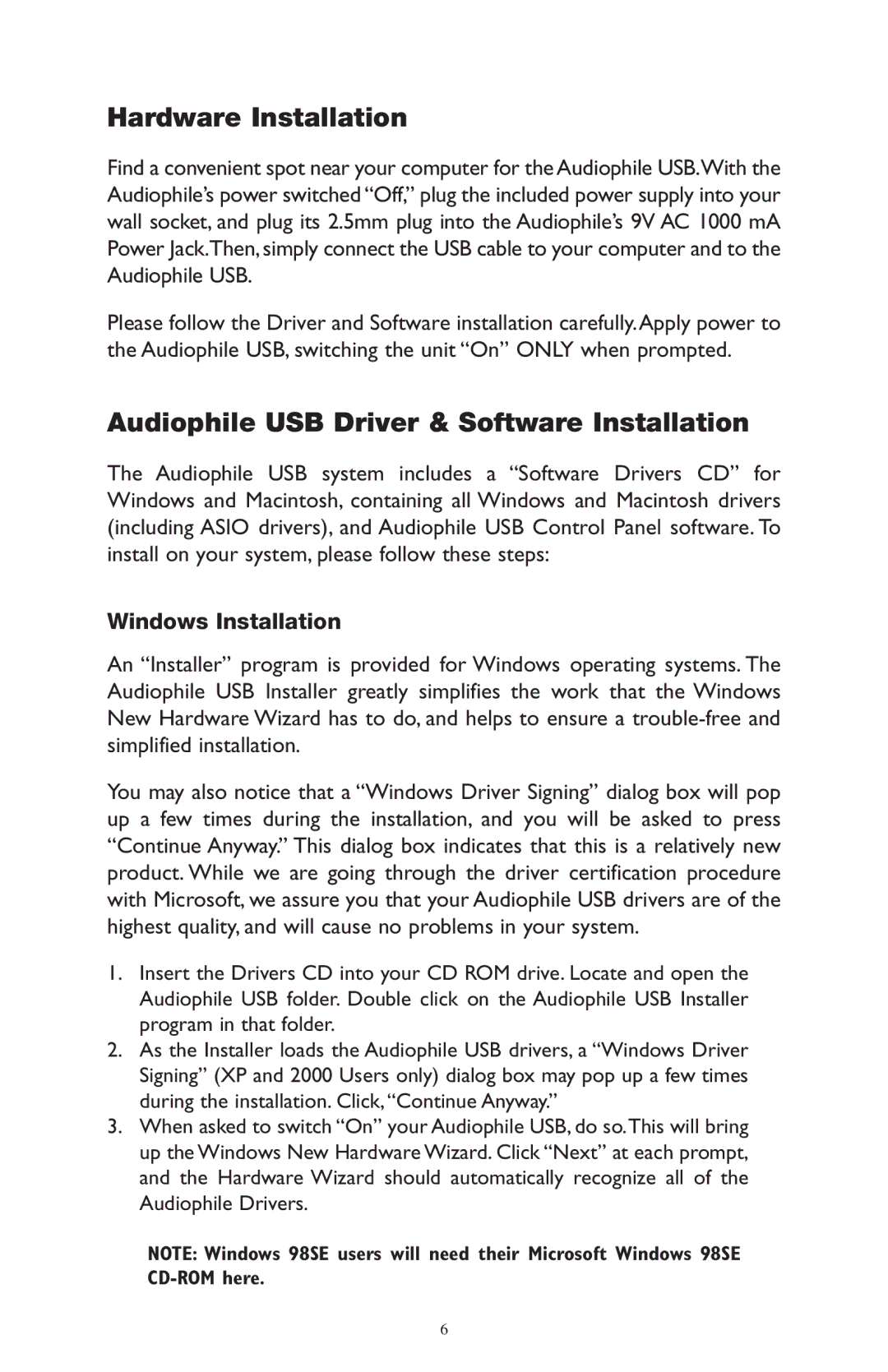 M-Audio AP-012403 owner manual Hardware Installation, Audiophile USB Driver & Software Installation, Windows Installation 