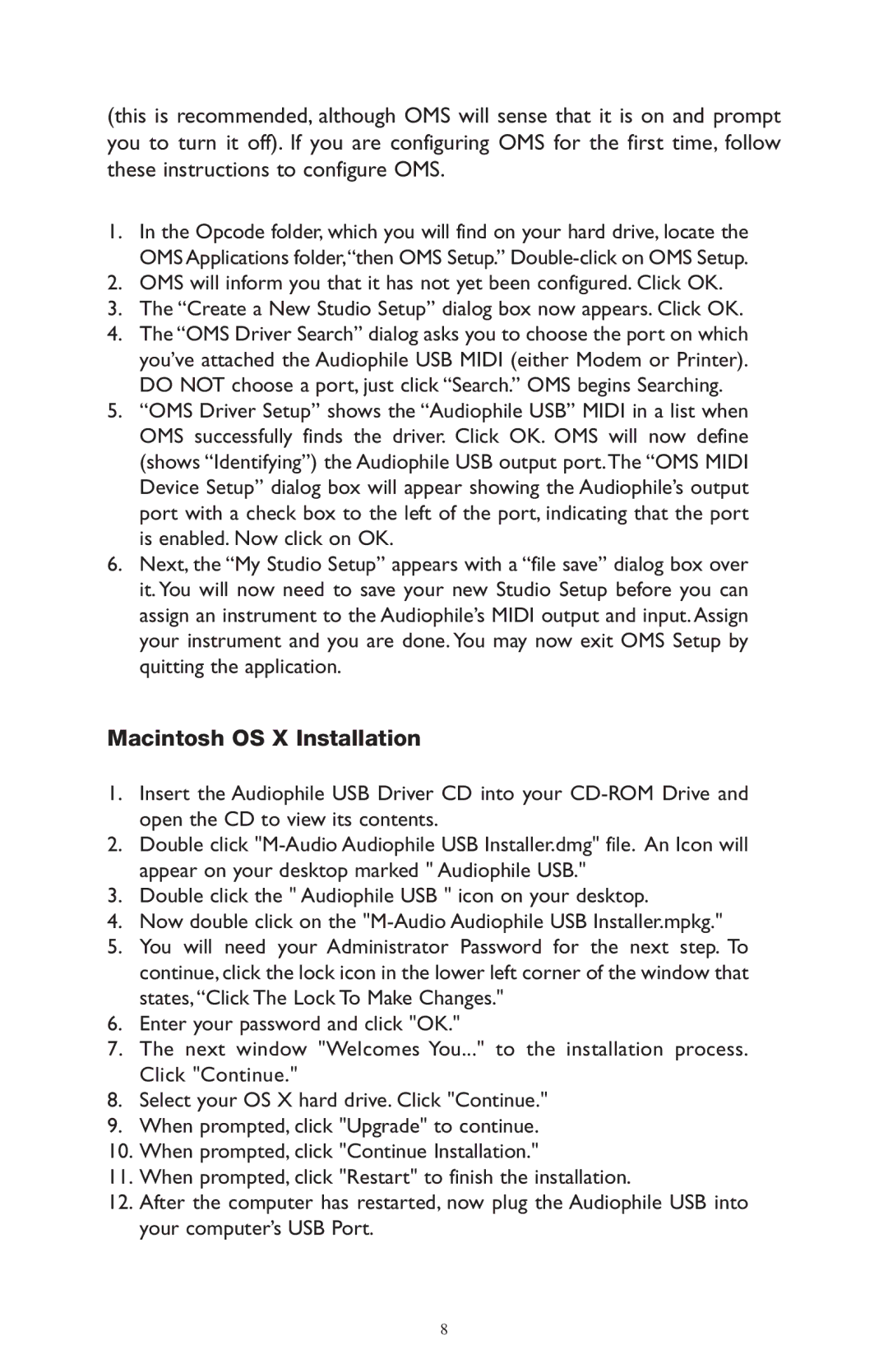 M-Audio AP-012403 owner manual Macintosh OS X Installation 