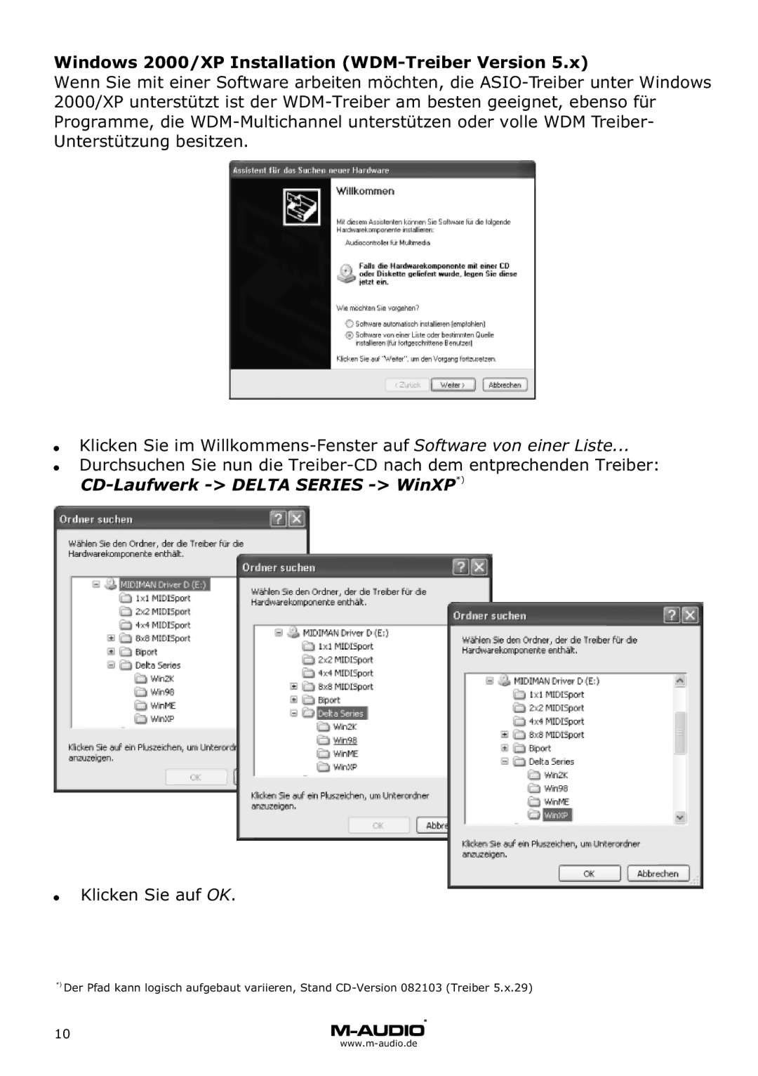 M-Audio Audiophile 2496 manual Windows 2000/XP Installation WDM-Treiber Version 