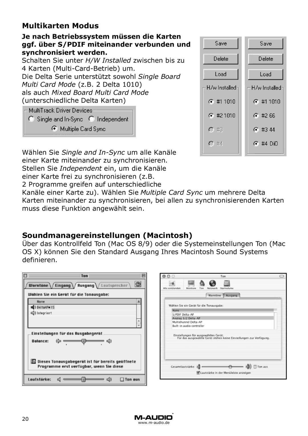 M-Audio Audiophile 2496 manual Multikarten Modus, Soundmanagereinstellungen Macintosh 