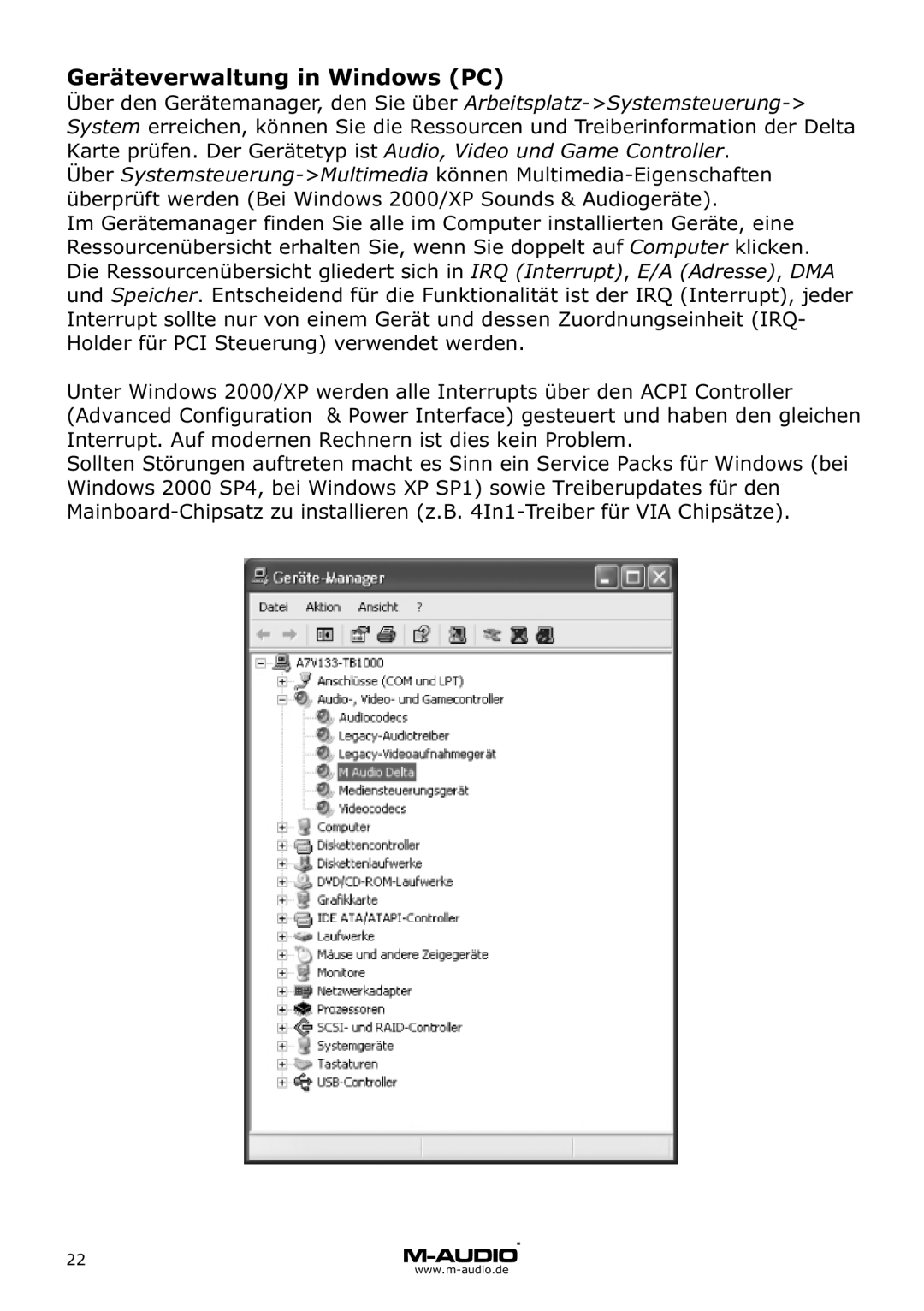 M-Audio Audiophile 2496 manual Geräteverwaltung in Windows PC 