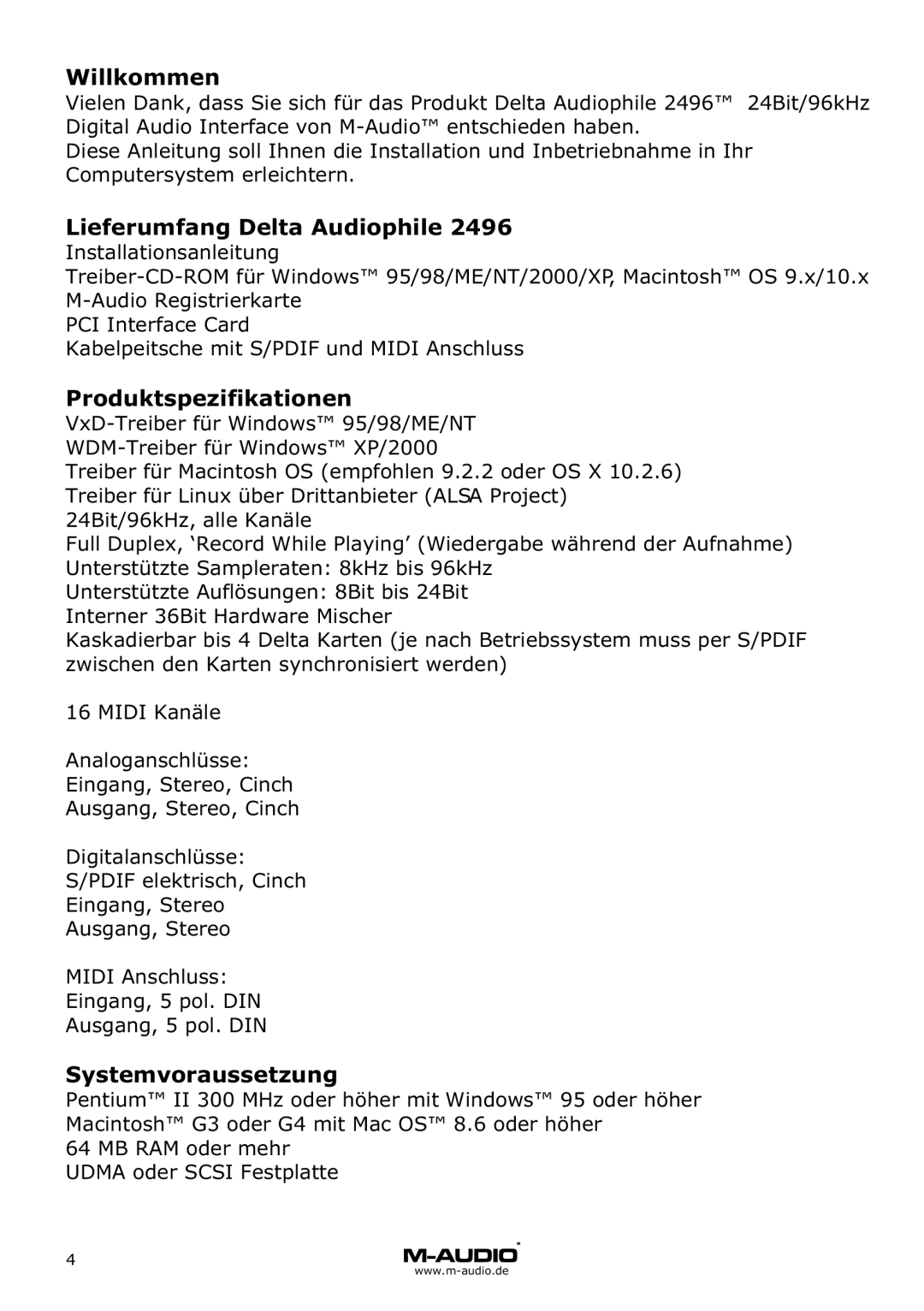 M-Audio Audiophile 2496 manual Willkommen, Lieferumfang Delta Audiophile, Produktspezifikationen, Systemvoraussetzung 