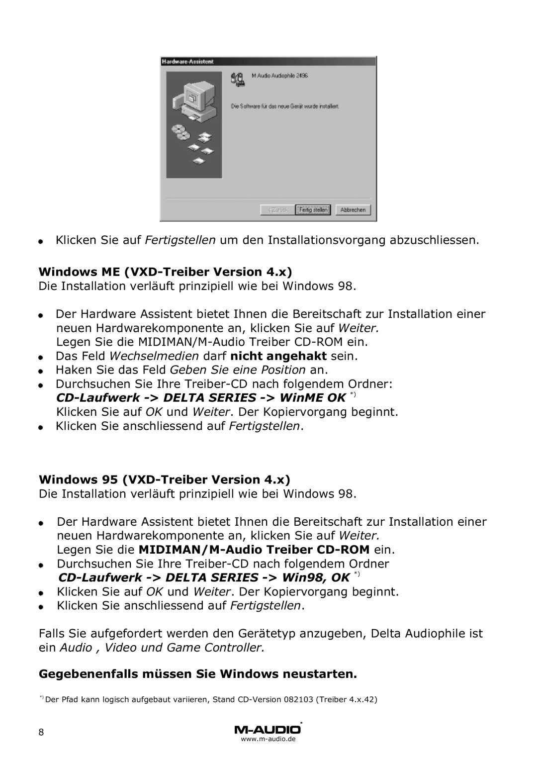 M-Audio Audiophile 2496 manual Windows ME VXD-Treiber Version, Windows 95 VXD-Treiber Version 