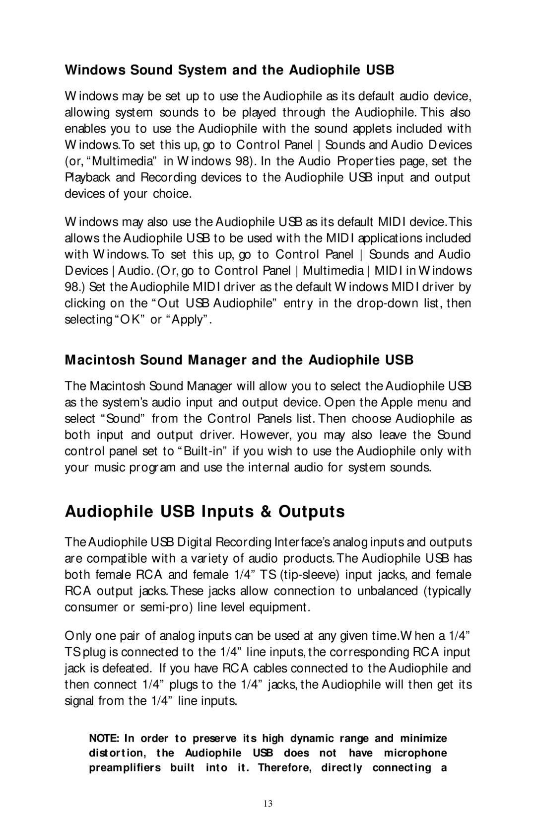 M-Audio owner manual Audiophile USB Inputs & Outputs, Windows Sound System and the Audiophile USB 