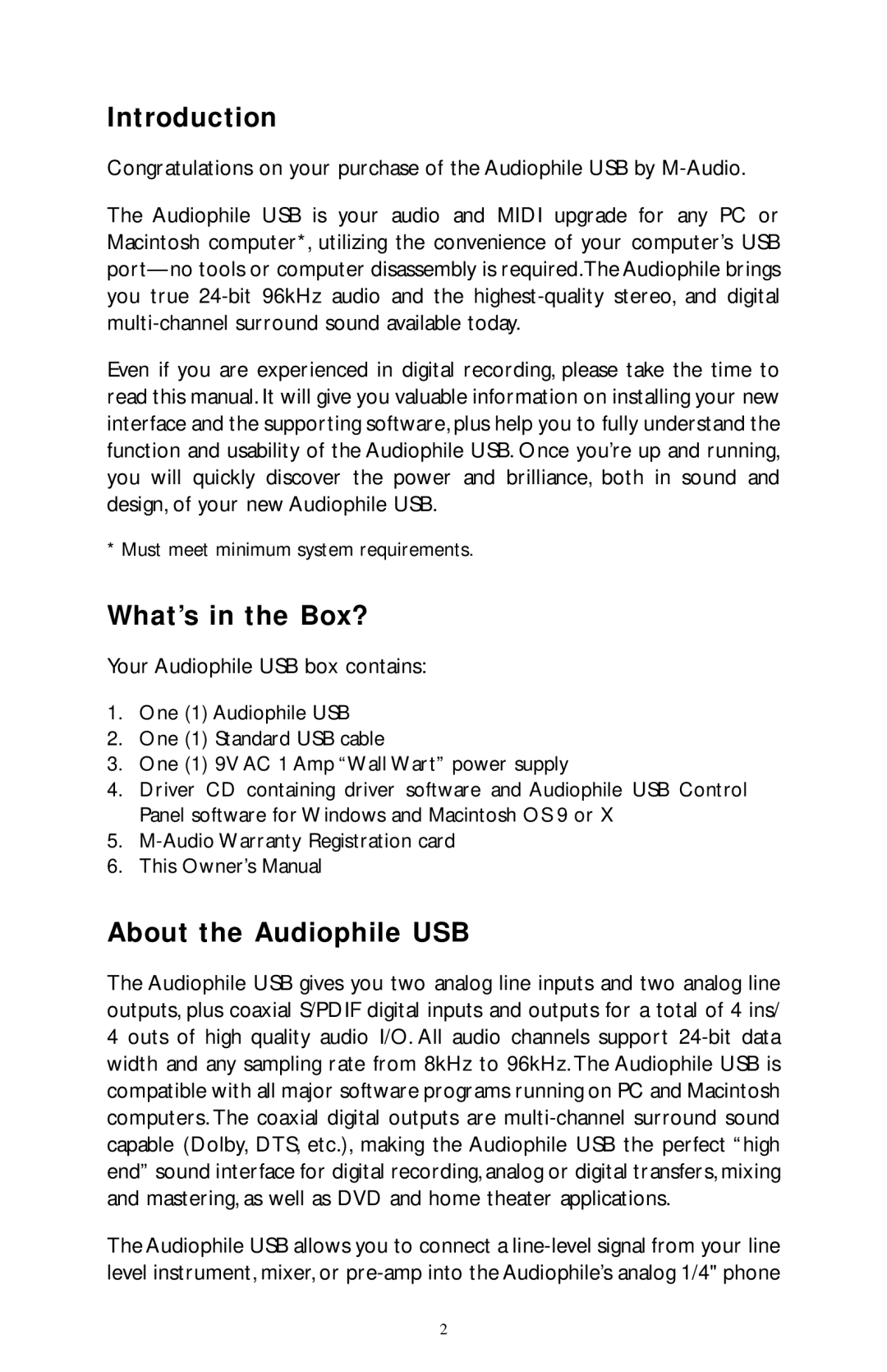 M-Audio owner manual Introduction, What’s in the Box?, About the Audiophile USB 