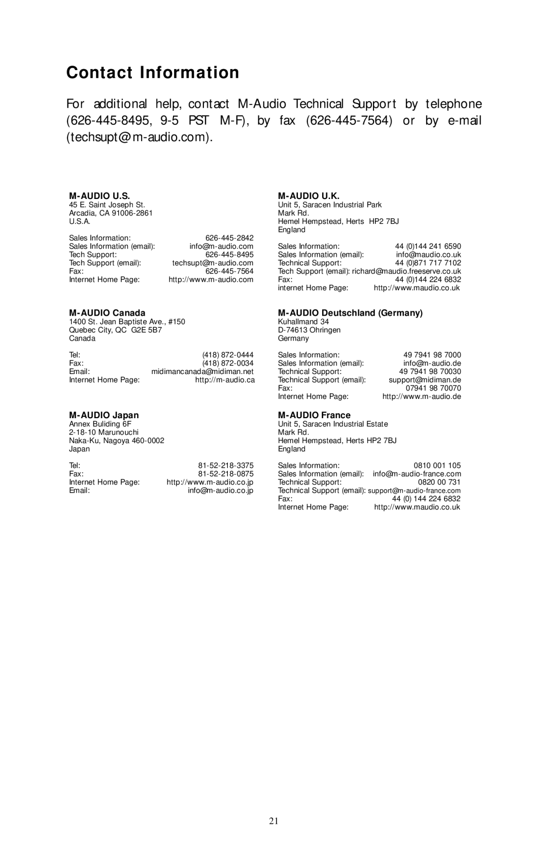 M-Audio Audiophile owner manual Contact Information, Audio U.S Audio U.K 